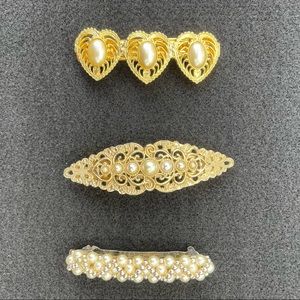3 Faux Pearl Golden Hair Barrettes